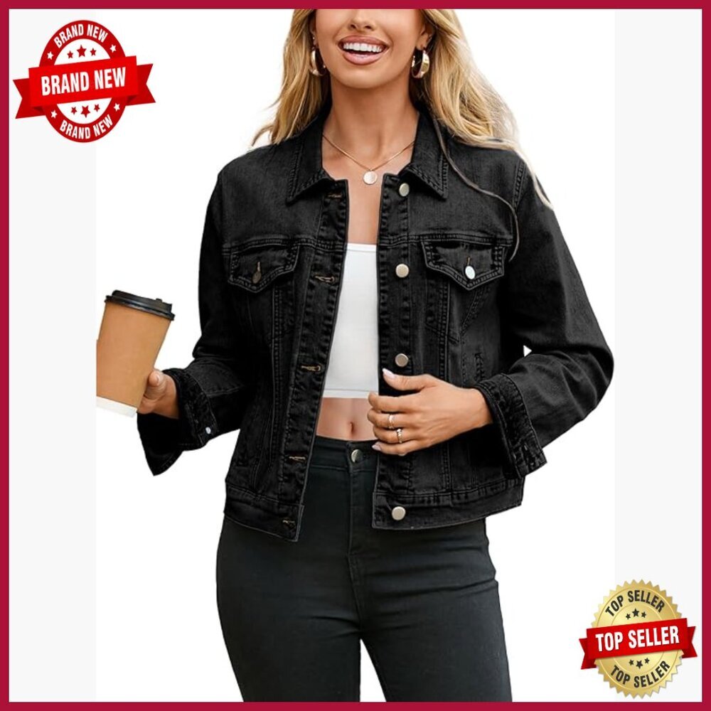 Women's Denim Jacket Long Sleeve Button Down Fitted Western Coat with Pockets
